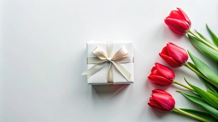 A pristine white gift box tied with a creamy ribbon sits next to a vibrant bouquet of red tulips, a perfect image for celebrating a special occasion.