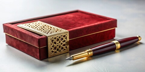 Luxurious Red Velvet Gift Box with Ornate Gold Accents and Elegant Pen