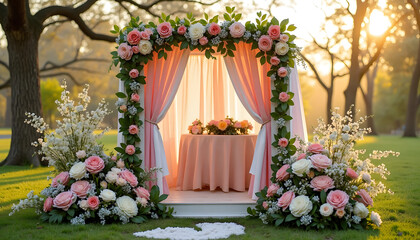 Luxurious wedding arch draped with soft fabric and adorned with flowers in a romantic garden setting

