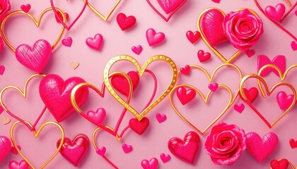 Pattern of intertwined heart outlines in gold, pink, and red for Valentine’s backgrounds.