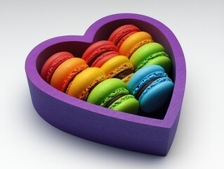 Colorful heart-shaped box of macarons culinary delight food photography vibrant display close-up view sweet treats