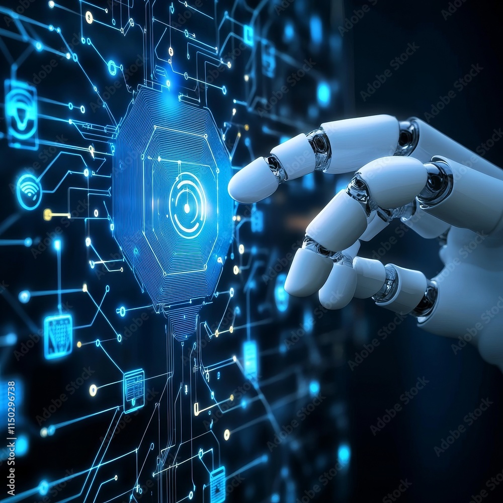 Poster robotic hand interacting with a digital interface displaying circuits and technology in a futuristic