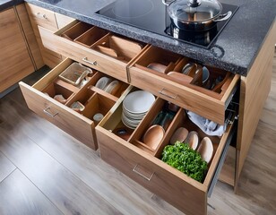 Organized Modern Kitchen Drawers Wood Cabinets Utensils Plates Storage