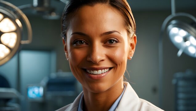 A close-up shot of a smiling doctor, illuminated by soft, warm lighting, set against a blurred, moody background of a dimly lit operating room, with hints of stainless steel medical equipment and fain