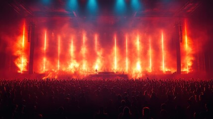 Naklejka premium Fiery stage, massive crowd, concert energy.