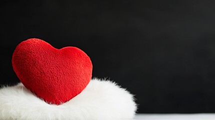 A red heart resting on a fluffy white surface against a dark background.