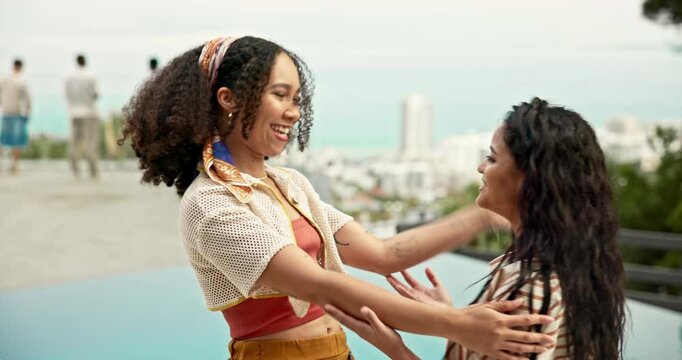 Hug, friends and excited on vacation, women and happy for reunion, bonding and love for relationship. Outdoor, pool and embrace for care on holiday, travel and tourism of location, people and Miami