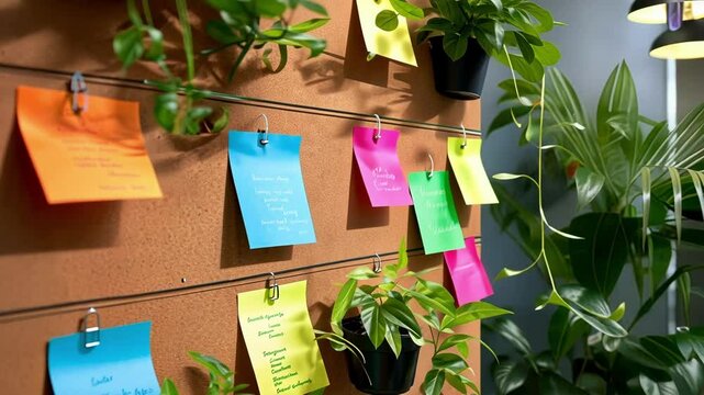 Vibrant sticky notes with handwritten text adorn a corkboard wall, interspersed with small potted plants, creating a lively and inspiring atmosphere in a modern office setting