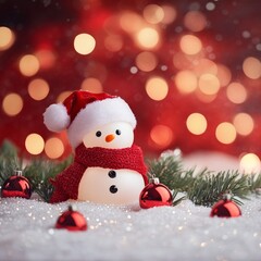 Snowman Wearing a Red Scarf and Hat Surrounded by Red Ornaments on a Snowy Surface With a Shimmering Festive Background