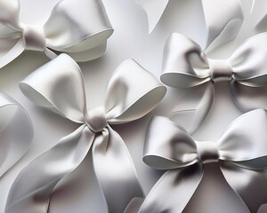 An elegant white ribbon tied into a bow, perfect for packaging gifts, celebrations, or festive decorations. The design conveys sophistication and a celebratory atmosphere.