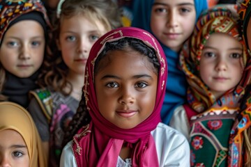 A group of young girls wearing colorful scarves and headscarves