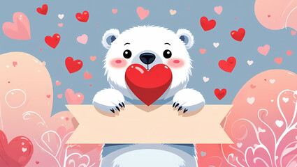 Obraz premium Love is in the Air: A sweet, cartoon polar bear holds a giant heart, surrounded by hearts of all sizes, against a dreamy, pastel background. Perfect for Valentine's Day, wedding invitations.