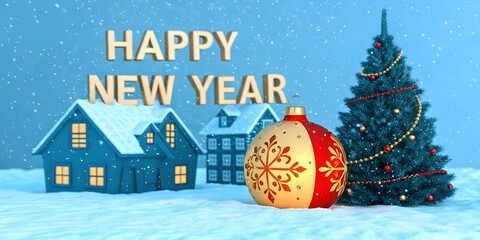 Fototapeta premium Happy New Near 2025 text -Christmas Ornament Abstract New Concept Winter Forest Landscape Snowy Background