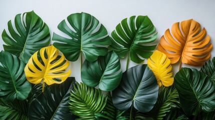 Fototapeta premium Tropical monstera leaves in yellow and green on white background.