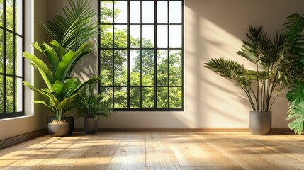 Bright Indoor Space With Large Windows and Vibrant Plants Offering a Serene Atmosphere and Connection to Nature