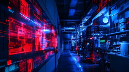 Fototapeta premium Power plant under cyber breach, holographic data streams pulsating red and blue.
