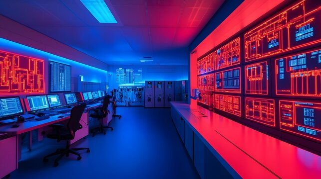 Control room filled with cyber alerts, ICS systems in intense red and blue light.