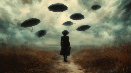 Mysterious scene with a figure and umbrellas.