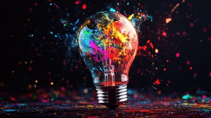 Creative light bulb explodes with colorful paint. brainstorming concept