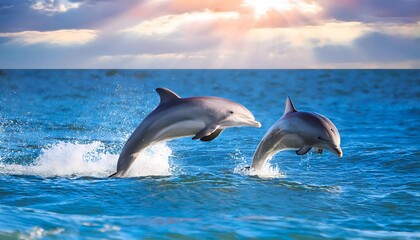 Fototapeta premium Two Dolphins Leaping Ocean Sunset Wildlife Marine Mammals Nature