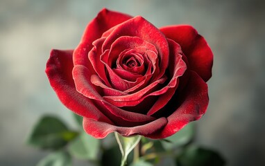 Close-up of a single, deep red rose with its petals slightly unfurled, set against a muted gray background.