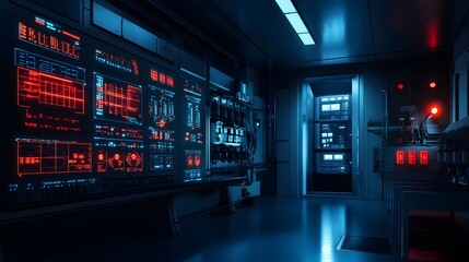 Cybersecurity alerts flashing across dark control panels, shadows of equipment.