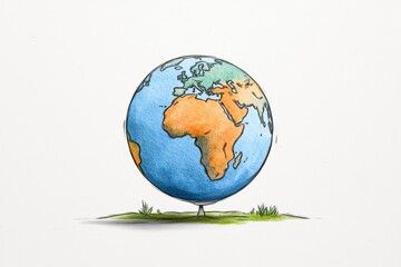 A stylized drawing of a globe resting on a stand, with a colorful watercolor texture for the continents and oceans