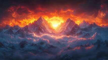 Fiery sunset over snow-capped, majestic mountains.