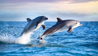 Fototapeta premium Two Dolphins Leaping Ocean Water Sunset Wildlife Nature Marine Mammals