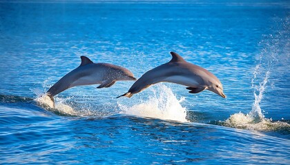 Obraz premium Two Dolphins Leaping Ocean Water Marine Wildlife Nature