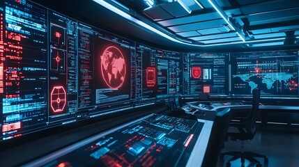 Naklejka premium Massive screens in control center showing live cyber data streams, red alert icons.