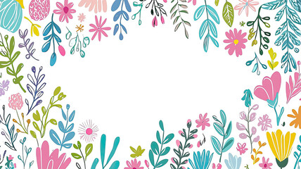 Obraz premium Colorful floral frame with hand drawn leaves and flowers