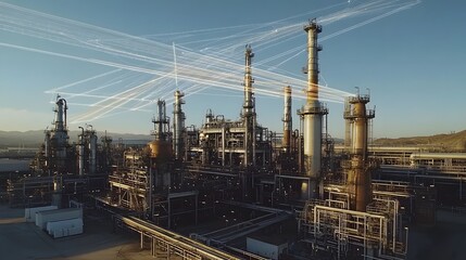 Cybersecurity grid hovering over refinery, laser lines and data streams crossing.