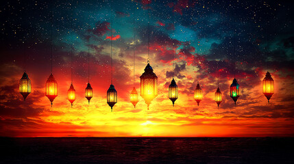 Fototapeta premium Colorful lanterns illuminate a vibrant sunset over a calm sea under a starry sky.