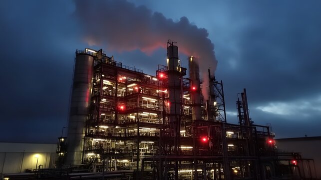 Industrial plant lit by flashing red alerts, intense atmosphere around breached ICS.