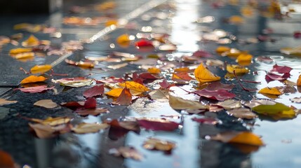 Colorful Autumn Leaves Scattered on a Shiny Pavement After Rain in a City Landscape During Fall Season