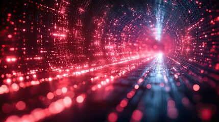 Obraz premium 3d abstract art of a bokeh grid. Futuristic space tunnel as cybersecurity wallpaper. CPU red dots of light like stars, energy, or data storage particles in a creative gaming aesthetic