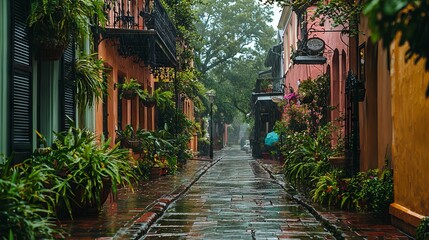 Fototapeta premium Rainy Street in Colorful Historic Neighborhood
