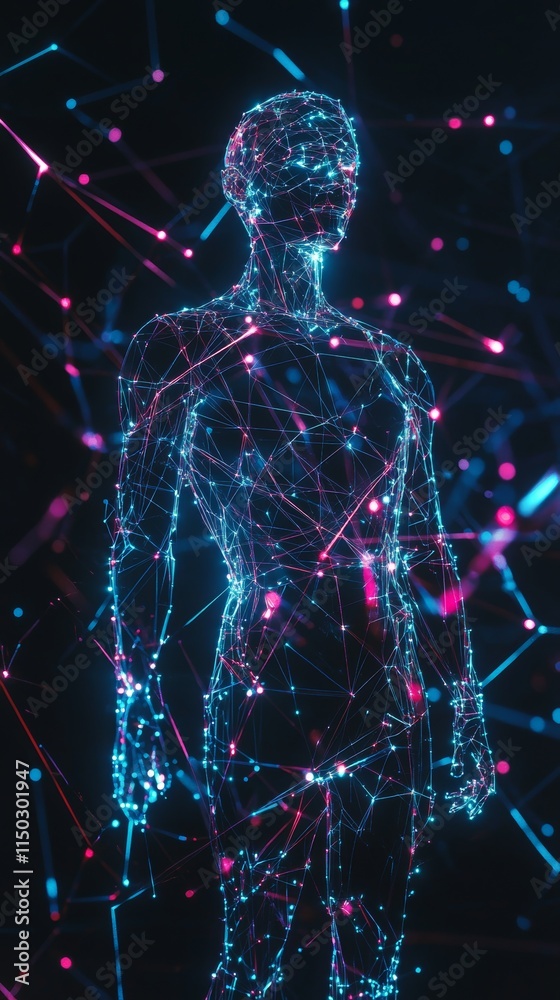 Poster digital representation of a human figure with glowing connections and data patterns in a dark enviro