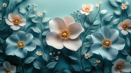 3D art featuring flowers and plants, creating a floral background suitable for wallpaper or design