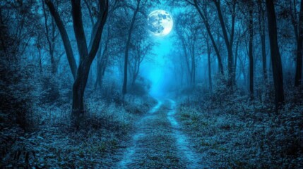 Obraz premium Ethereal Moonlit Forest Pathway Under Mystical Blue Night Sky Surrounded by Tall Trees and Enigmatic Atmosphere in a Dreamlike Setting