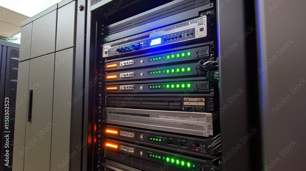 Aufkleber High-powered server rack with led indicators in data center technology infrastructure modern environment close-up view
