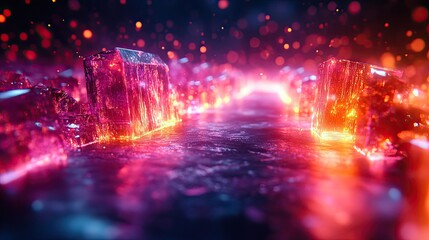 3D glass reflections with neon lights create an abstract art piece with lines and refraction, symbolizing precious stones or crystals