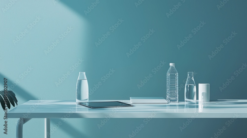 Poster Modern minimalist conference table setup with digital tablets office space product display bright atmosphere creative concept