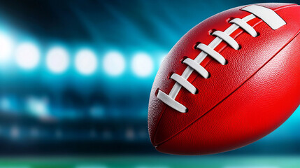 Close-up of a red football in an illuminated stadium.