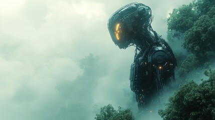 A futuristic humanoid robot stands amidst a misty forest, blending technology and nature.
