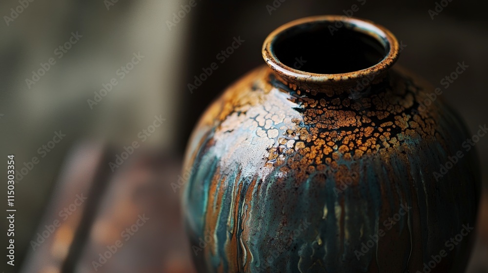 Poster Artistic pottery vase with unique glaze studio display close-up view creative environment craftsmanship concept