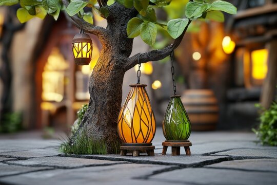 A whimsical forest tavern run by gnomes, with tiny stools, glowing lanterns, and barrels of magical brews