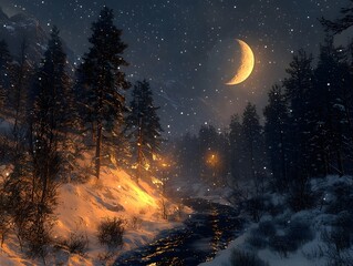 A serene winter night scene featuring a glowing crescent moon, softly falling snowflakes, and a peaceful river reflecting warm lights amid a snowy forest.