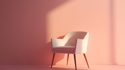 asthetic chair in the corner of the room with a solid color background